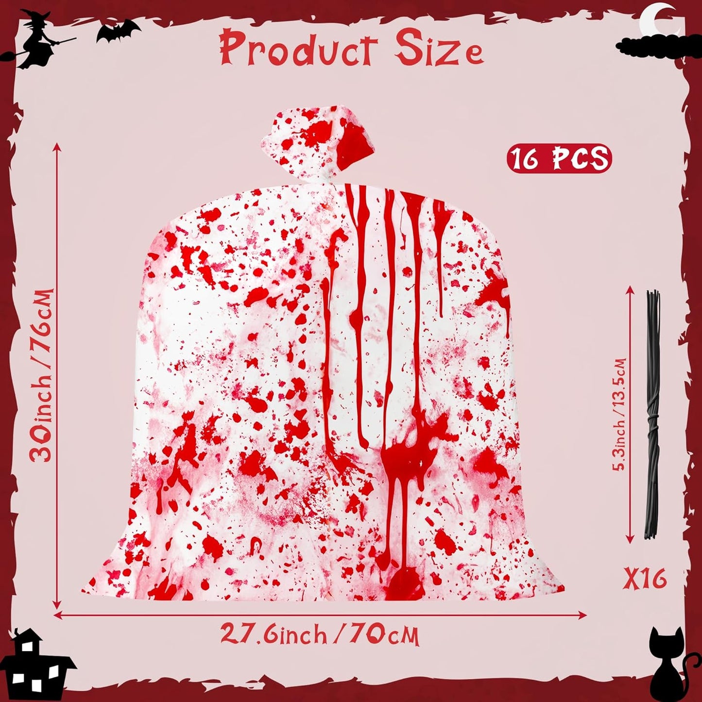 CNhoqc Halloween Lawn Leaf Bags - 16Pcs Halloween Bloody-Themed Thick Plastic Garbage Bags with Twist Ties, Fall Yard Leaf Trash Equiement, Reusable Plastic for Garden Outdoor Decorations Party Favor