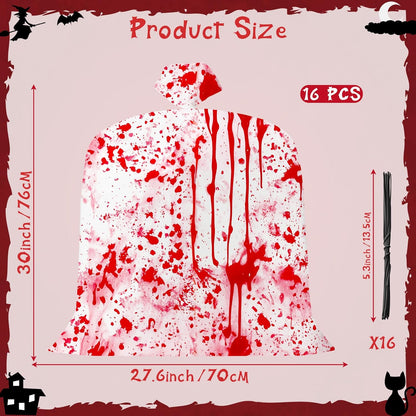 CNhoqc Halloween Lawn Leaf Bags - 16Pcs Halloween Bloody-Themed Thick Plastic Garbage Bags with Twist Ties, Fall Yard Leaf Trash Equiement, Reusable Plastic for Garden Outdoor Decorations Party Favor
