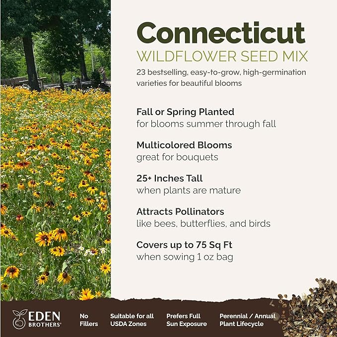 Eden Brothers Connecticut Wildflower Mixed Seeds for Planting, 1 oz, 30,000+ Seeds with Cornflower, Cosmos | Attracts Pollinators, Plant in Spring or Fall, Zones
