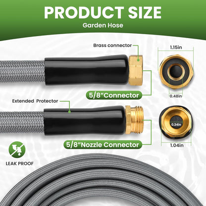 KLABB 100FT Garden Hose 5/8" with Solid Brass Connectors & 10-Function Nozzle, Lightweight Flexible PET Steel Hose with Adjustable Straps, No-Kink, Rustproof & Leak-Free for Garden & Outdoor Cleaning
