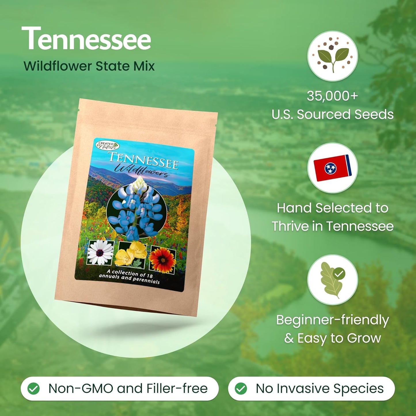 Created By Nature Tennessee Wildflower Seed Mix, 18 Flower Varieties, 35,000 Seeds