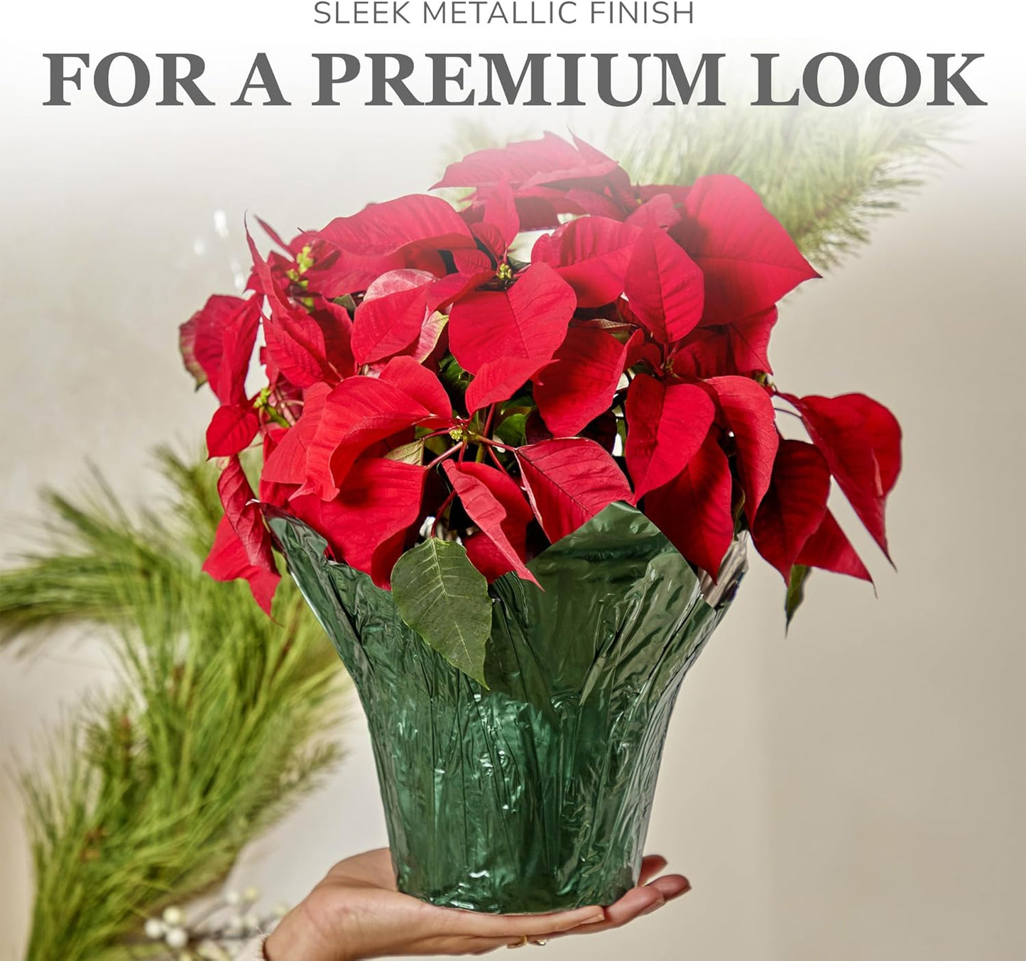 6” AZA Plant Pot Covers, Decorative Plant Sleeve for Indoor & Outdoor House Plants, Reusable and Gift-Ready Foil Wrap for Flower Pots, Evergreen, Pack of 5