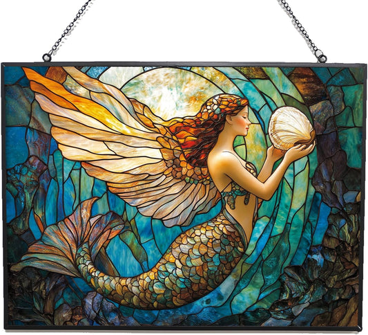 Customized Rectangle Art Nouveau Coral Mermaid Stained Glass Window Hanging, Suncatcher for Women