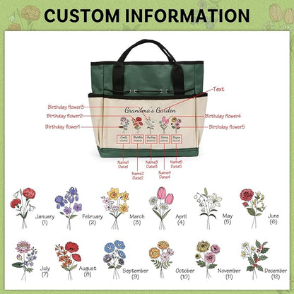 Personalized Garden Tools Set for Women: Custom Text Garden Tool Bag and Garden Shovel & Transplant Shovel & Hand Rake - Gardening Gifts for Mom Grandma Gardening Lover (5 Flowers)