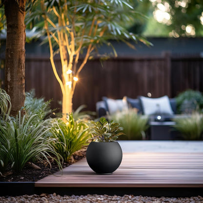 Kante Round Concrete Flower Pot, 11 Inch Dia (7.9" Opening) Sphere Shape Design Planter with Drainage Hole and Rubber Plug for Indoor & Outdoor Plants, Black Finish with Warm Brown Interior
