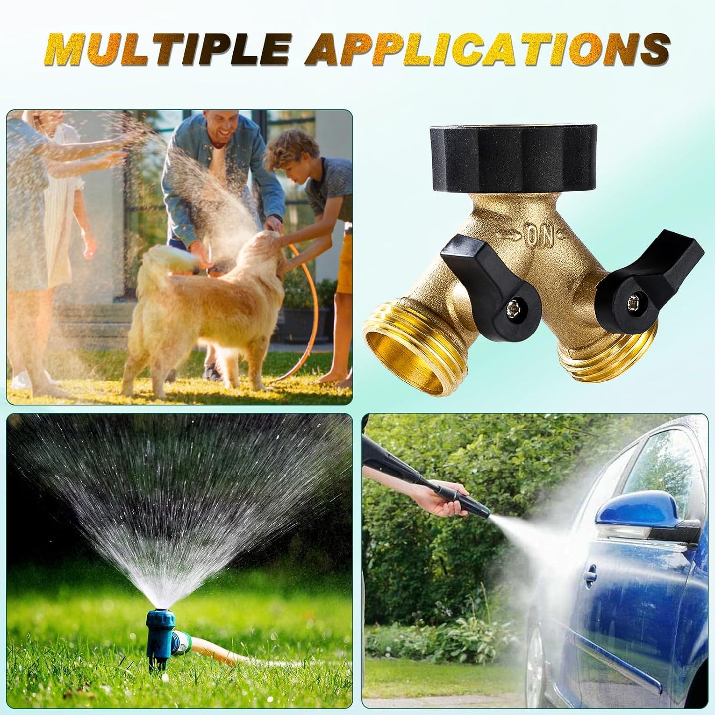 Dalmbox Garden Hose Splitter 2 Way, Y Connector Brass Garden Hose Adapter, Water Hose Splitter, Double Shut Off Valve, Includes 3 Rubber Washers & Teflon Tape(1 pack)