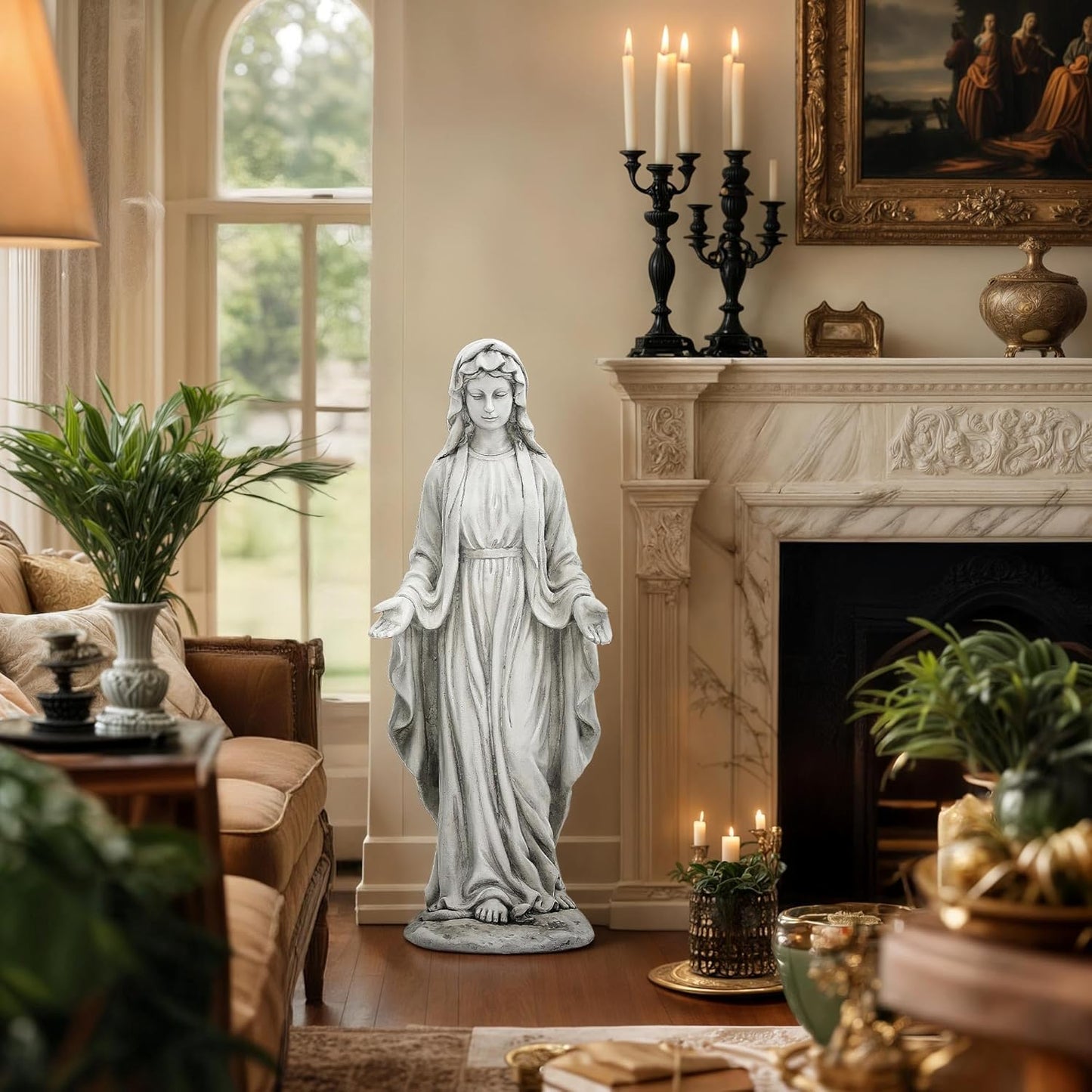 Virgin Mary Statue for Outdoor, Large 30 Inch Garden Sculpture Made of Durable Magnesium Oxide Stone, Religious Lawn Art for Yard,Patio, Finish for Peaceful Blessings Antique White