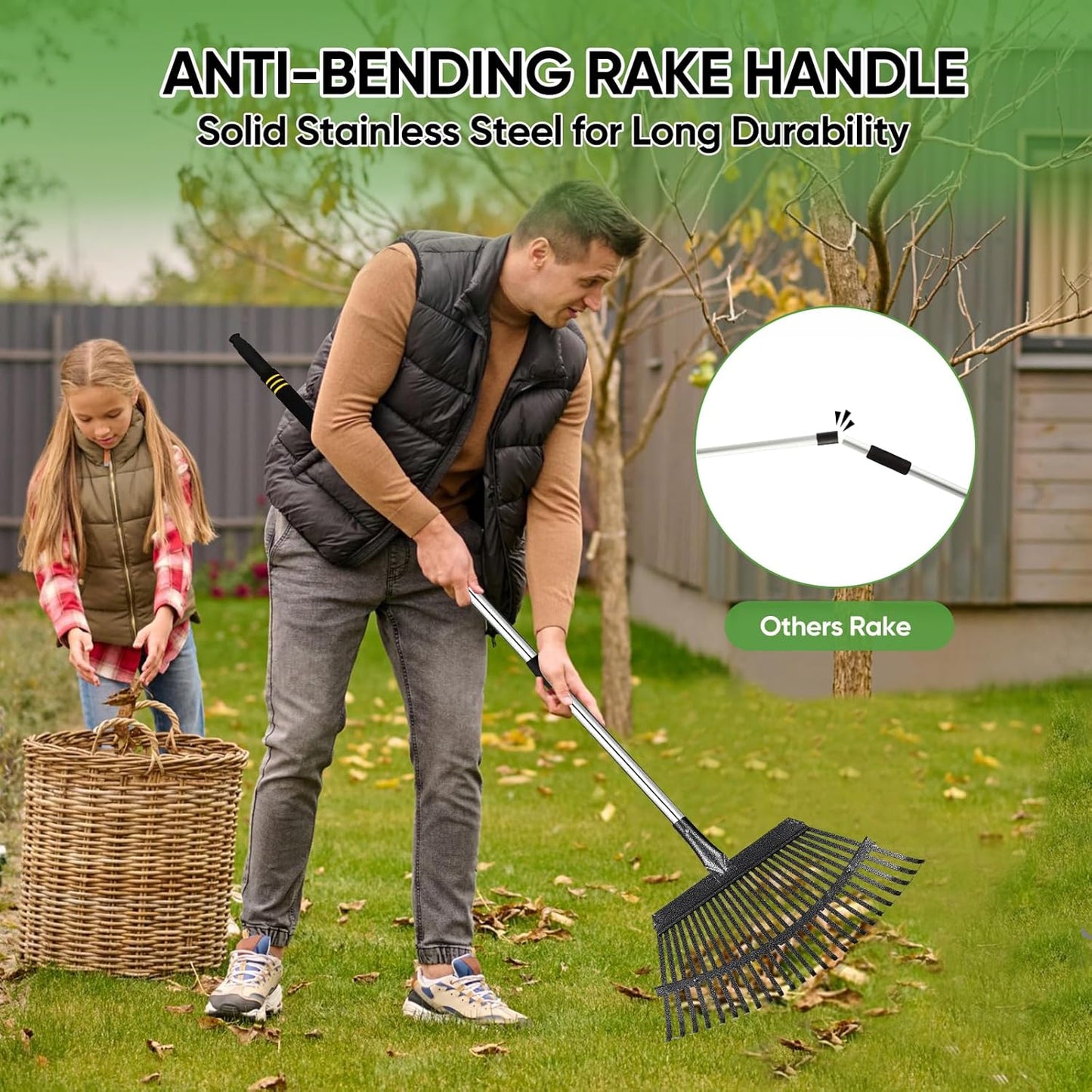 Rake Heavy Duty 6FT Long Garden Rake , 18.5 Inch Wide, 25 Metal Tines, Adjustable Stainless Steel Handle, Leaf Rakes for Leaves, Yards, Grass, Garbage, Weeds, Debris (Black)
