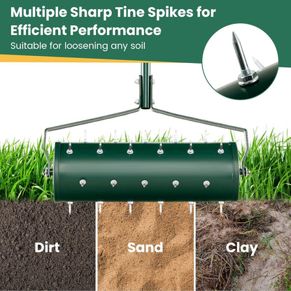Goplus Rolling Lawn Aerator, 21-Inch Garden Yard Rotary Push Tine Filled Sand Stone, Heavy Duty Spike Soil Aeration w/Metal Handle, Fillable Drum 51" Manual Lawn Aeration Tool Garden Grass Patio Yard