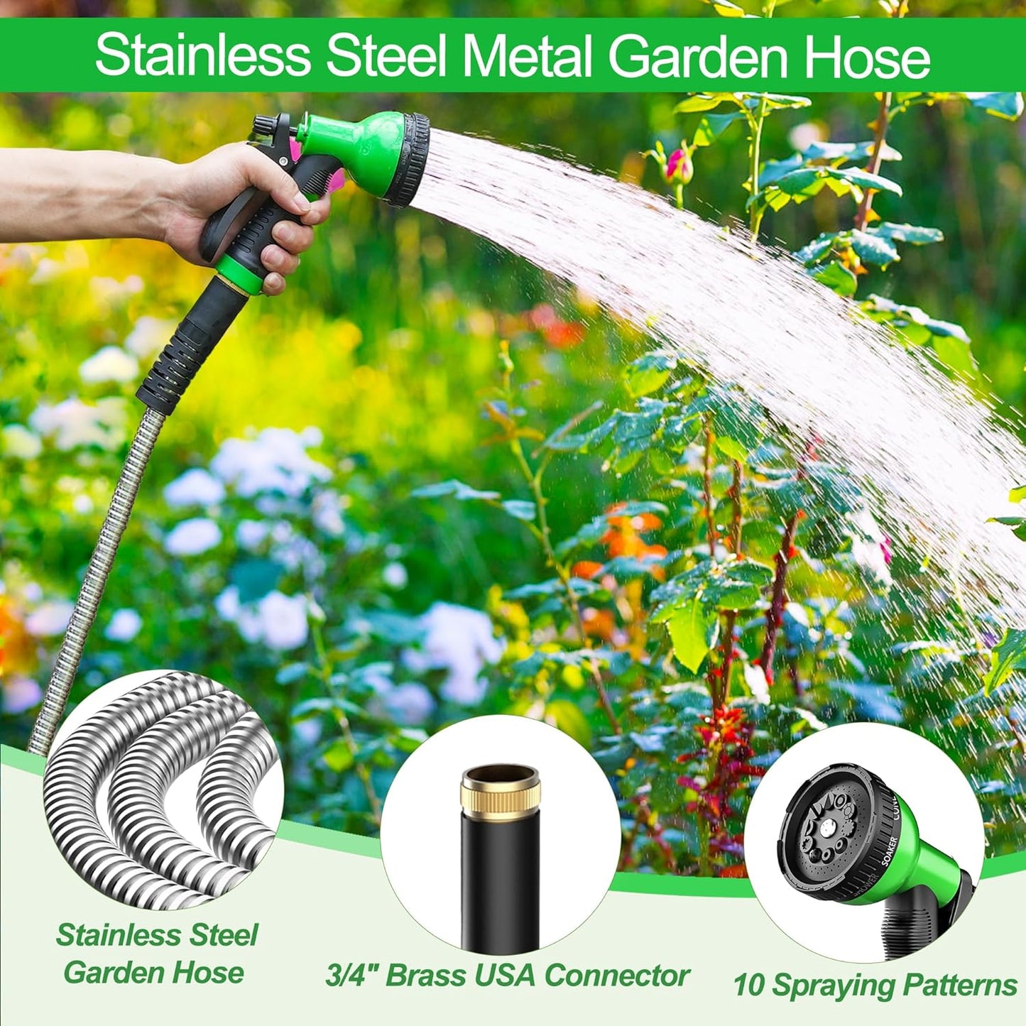 Metal Garden Hose 25ft, Stainless Steel Water Hose Leak-Proof w/10 Function Sprayer Nozzle, 5/8" Fittings Flexible Garden Hose, Long-Lasting, Lightweight, No-Kink Water Hose, for Yard and Lawn