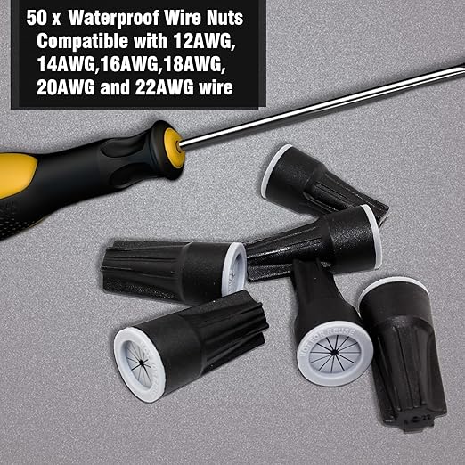 Litoexpe 50 Pieces Waterproof Wire Connectors, Waterproof Wire Nuts Black Direct Burial Wire Nuts for Outdoor Landscape Lighting, Irrigation Valves, 0.93 x 0.47 Inch
