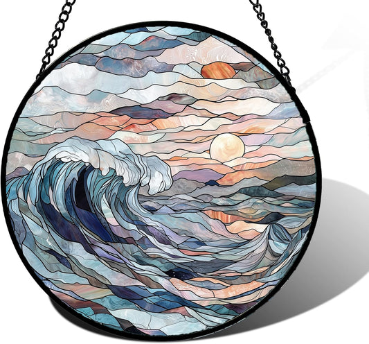 Stained Glass Window Hanging, Sunrise Waves Sun Catchers Diamond Glass Panel Hangings Abstract