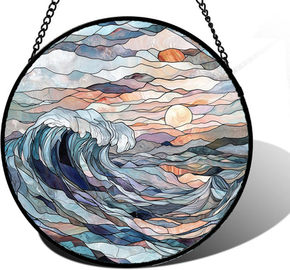 Stained Glass Window Hanging, Sunrise Waves Sun Catchers Diamond Glass Panel Hangings Abstract Suncatcher Decor for Birthday for Women, Men, Wife, Aunt, and Mom 9.8 in