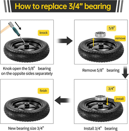 2PC 4.80/4.00-8 Flat Free Tire, 14.5 Wheelbarrow Tire and Wheel with 5/8" Bearings & Extra 3/4", 3-7" Centered Hub, 4.80/4.00-8 tire and wheel Fit for Gorilla Cart, Garden Cart/Hand Truck