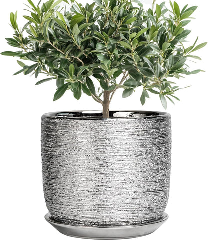 Ceramic Pot for Plants 8 Inch - Ceramic Flower Pot Indoor with Drainage Hole and Saucer, Decorative Round Indoor Planter, Plant Lover Gifts, Patio Home Office House Decor, Silver