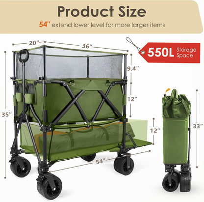 HOPERAN 550L XXL Wagons Carts Foldable, 54" Extra Length & Height Double Deck Collapsible Wagon Cart with Tailgate, 8" Big All-Terrain Wheels, 550lbs Load Utility Grocery Cart for Camping,Sports,Beach