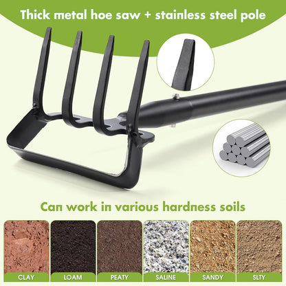 Weed Puller Gardening Tools, Hula Garden Hoe and 4 Tines Rake 2-in-1 Garden Tools for Weeding, Action Stirrup Hoe with Adjustable Long Handle for Lawn,Vegetable Garden Loose Soil,Weeding and Planting