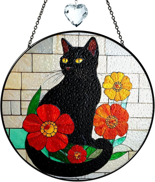 Black Cat Stained Glass Suncatchers Art Glass Cats Flowers for Sun Catcher Indoor Window Gifts for