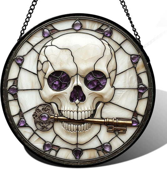 Stained Glass Window Hanging - Halloween Scary Skull Suncatcher for Doors Garden Home Spooky Purple