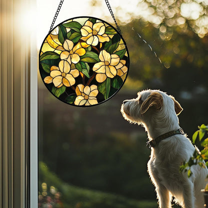 Stained Glass Window Hanging - Yellow Flower Green Leaf Suncatcher for Doors Garden Patio Fall Decor Sun Catchers Christmas Mother's Day Birthday Gifts for Women Men Mom Nana Friend 11.8 in