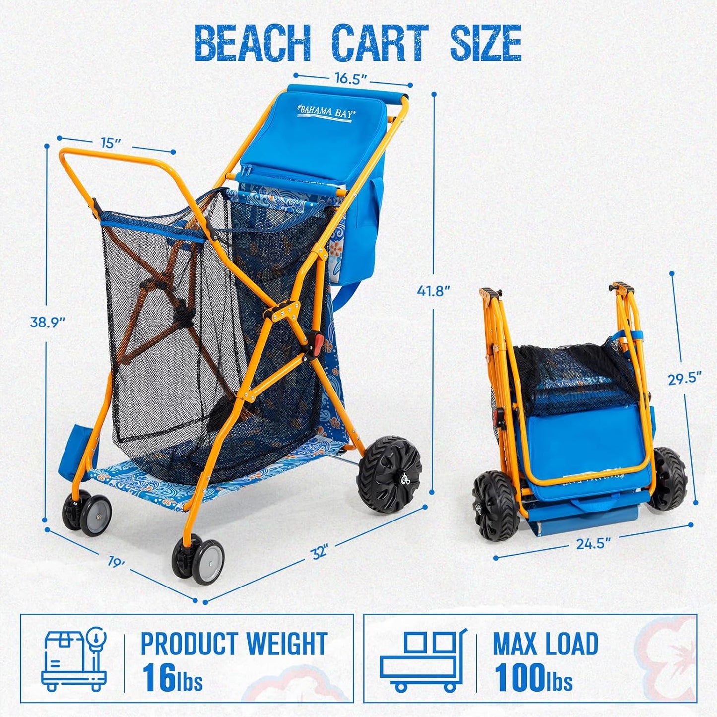Old Bahama Bay Beach Cart with Large Wheels for Sand, Wide Wheelbase Beach Wagon with Insulated Cooler Bag, Body Board and Umbrella Holder | 100lb Capacity
