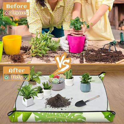 Palm Leaves Foldable Garden Hand Transplanting Succulent Tools,Waterproof Thickened Repotting Mat Plant Tag, Miniature Planting Indoor Fairy Care,Potting,Cactus,Houseplant Bonsai Tool Kit Gift