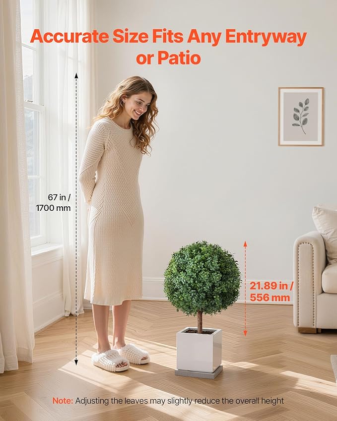 VEVOR Artificial Topiary Boxwood Trees with Ground Spike, 27 inch 2 Set Faux Shrubs & Bushes Potted Plants, Fake Silk Tree Look Real for Decor Front Porch Outdoor Indoor Patio Garden Balcony Backyard