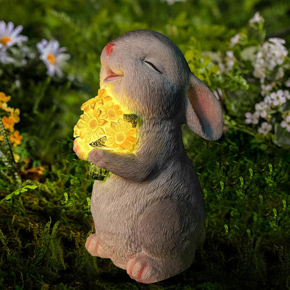 Solar Rabbit Garden Statues Outdoor Bunny Decor Resin Rabbit Figurine Holding Sunflower with LED Lights for Proch Patio Lawn Yard Christmas Mothers Day Gardening Gifts for Mom Grandma
