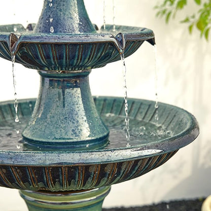 Glitzhome Water Fountain Outdoor Floor-Stand Fountain with LED Light & Pump, Oversized 3 Tier Ceramic Turquoise Waterfall Patio Fountains and Waterfalls Outdoor Yard Fountains for Lawn Garden Backyard