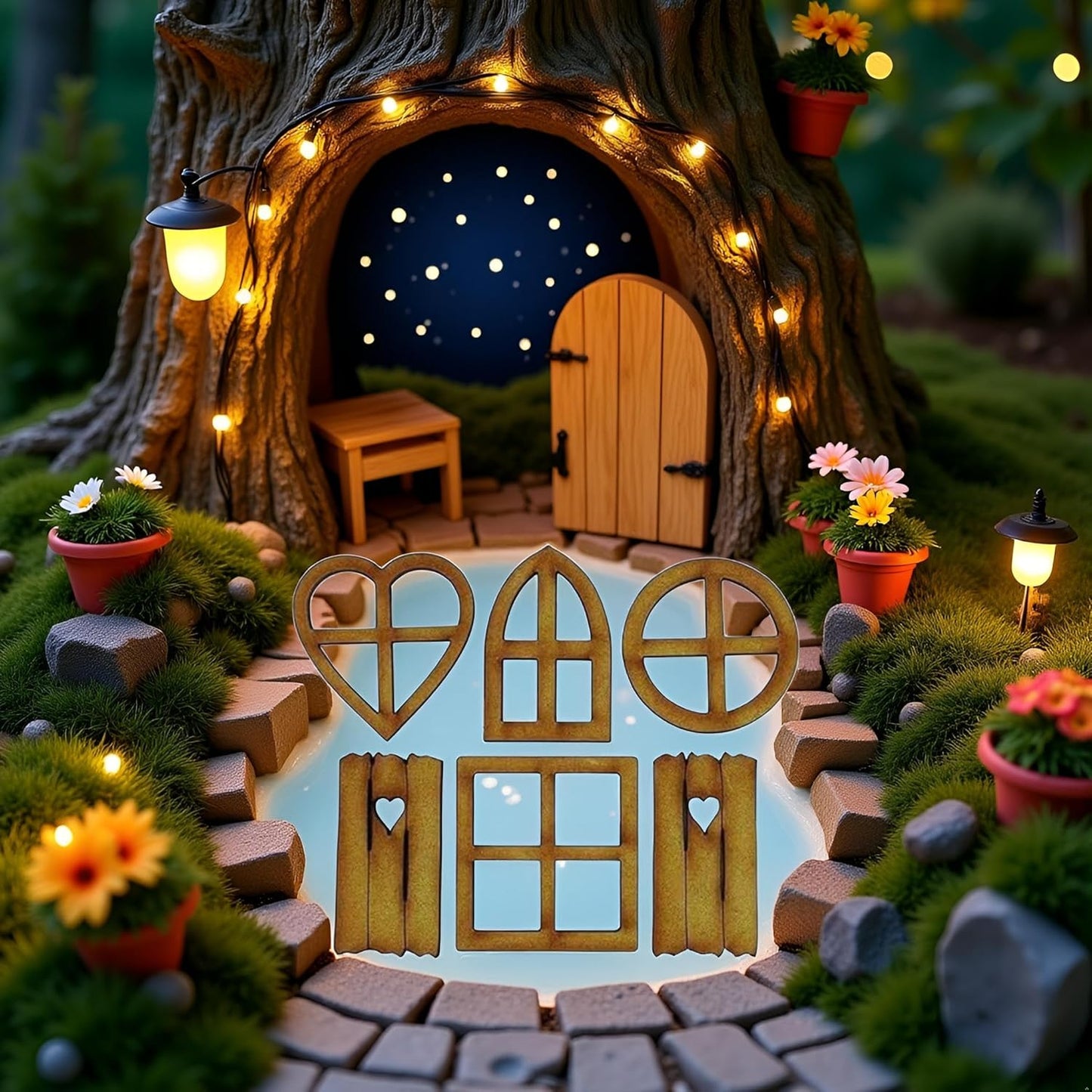 6Pcs Brown Wooden Fairy Garden Door, Blank Door Fairy House Doors and Windows Ornaments Tree Statues for Tree Trunk Yard Decoration, Miniature Gardens Buildings , Garden Sculptures and Statues