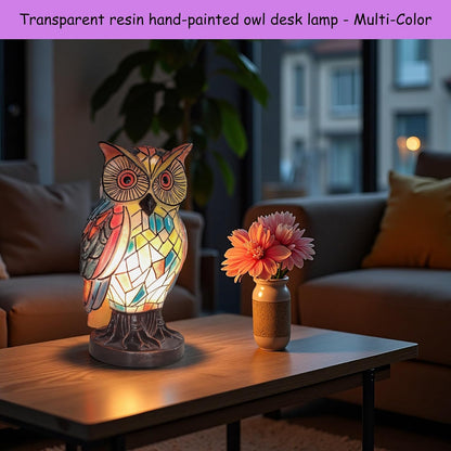 Tiffany Style Owl Table Lamps - Hand-Drawn Vintage Resin Colorful Tiffany Owl Lamp for Bedroom Living Room Nursery Office, Whimsical Animal Desk Lamp, Unique Gift for Mom.