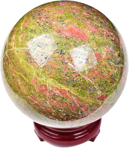 JIC Gem Large Real Crystal Ball with Decoation Stand Unakite Gemstone Sphere Ball for Meditation Energy Reiki Decoation Ball (90-100mm)