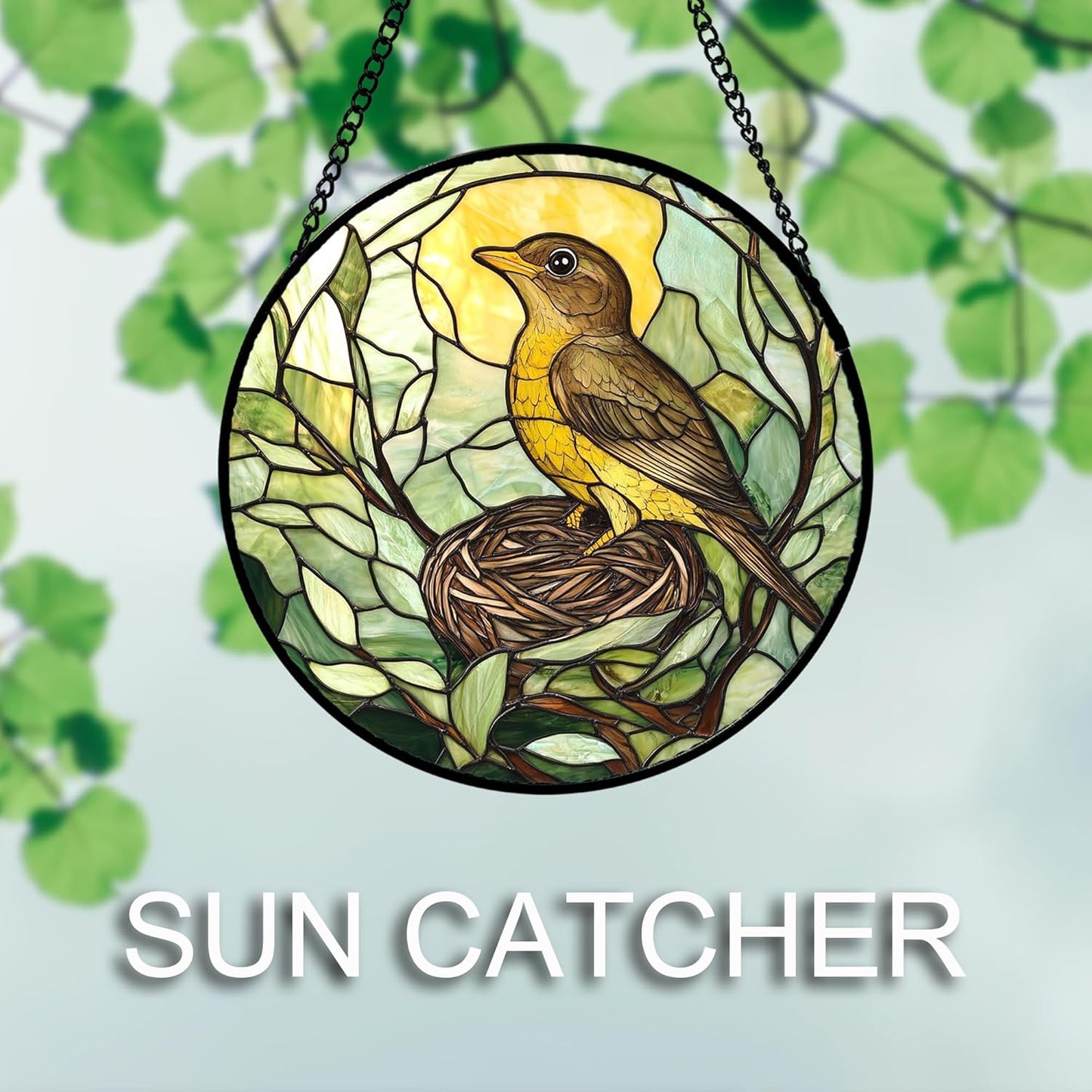 Stained Glass Window Hanging 4 Pcs Set Bird Theme On Branch Large 11.8" - Cardinal Suncatcher Door Garden Sun Catcher Decor Birthday Christmas for Mom Woman Nana Men