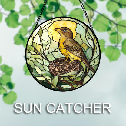 Stained Glass Window Hanging 4 Pcs Set Bird Theme On Branch 6.3" - Cardinal Suncatcher Door Garden Sun Catcher Decor Birthday Christmas for Mom Woman Nana Men