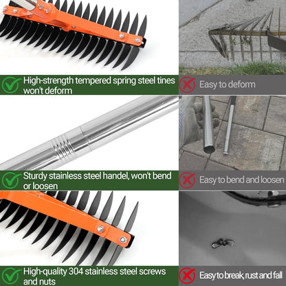 Thatch Rake for Lawns 18 Sharp Tempered Spring Steel Tines Dethatcher Rake Heavy Duty Dethatching Rakes with 62.5" Adjustable Stainless Steel Handle for Lawn Care，Dead Grass, Garden, Yard