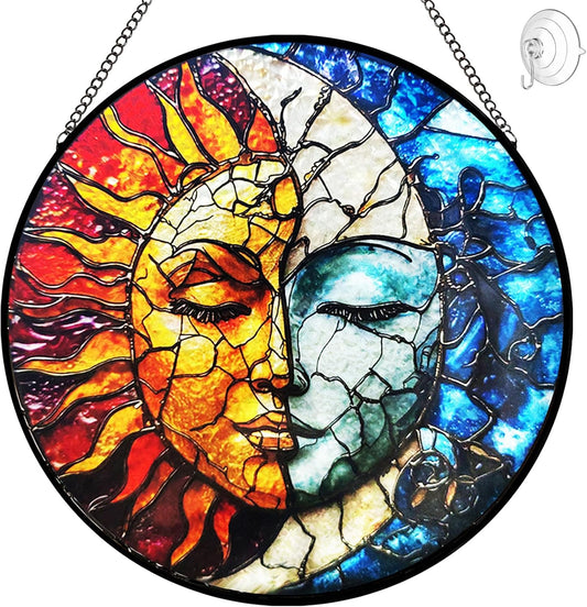 Sun and Moon Suncatcher Stained Glass Window Hanging - 8” Handmade Colorful Suncatchers for Windows