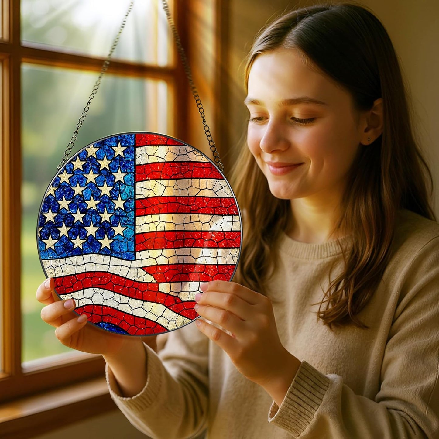Stained Glass Window Hanging, Pauyadu 8 Inch American Flag Stained Glass Suncatcher, Patriotic Home Decor, Window Decor, USA Flag Gift Ideas, Patriotic Themed Gifts, Gifts for Women and Men
