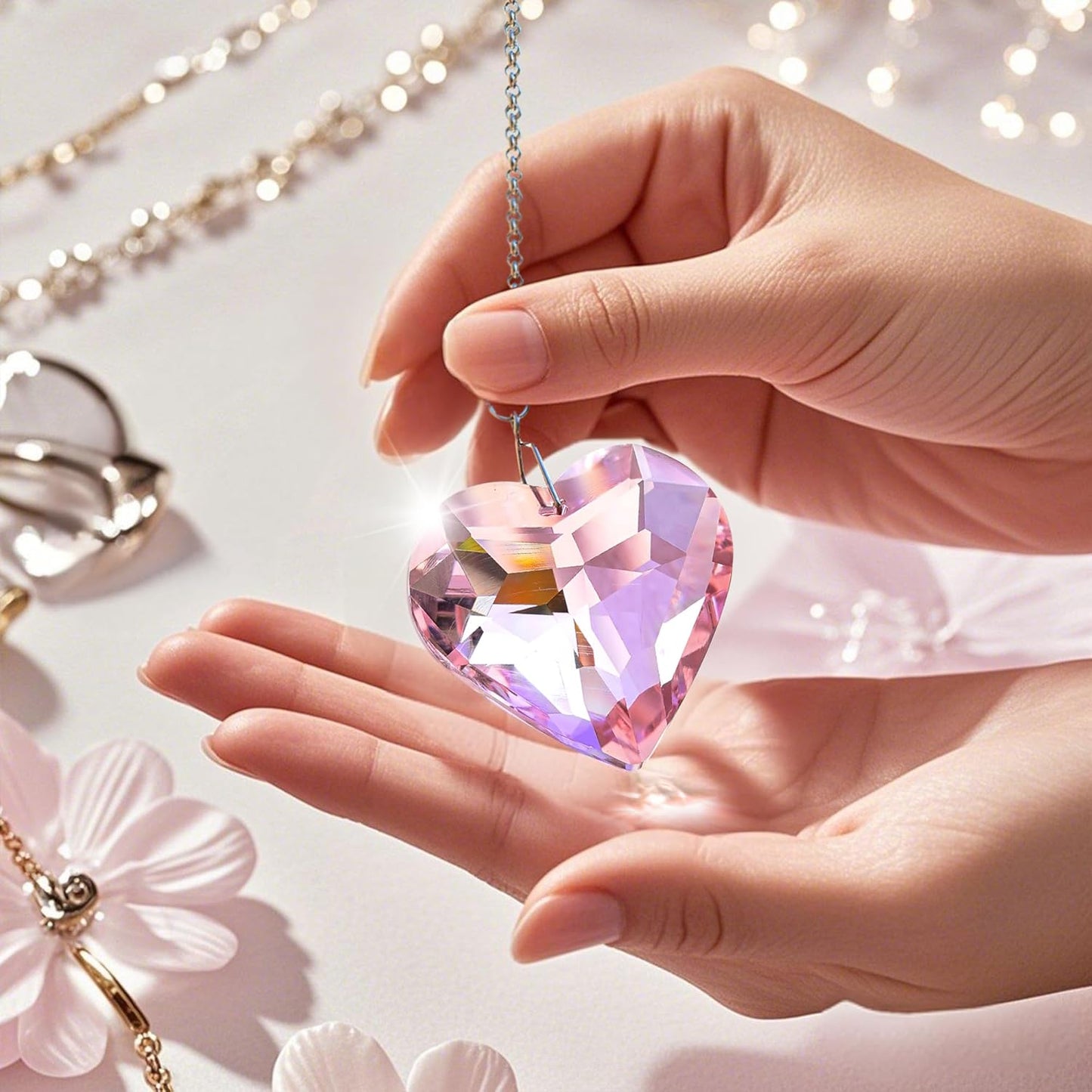 H&D HYALINE & DORA Pink Heart Crystals Suncatcher Hanging Heart Sun Catcher with Chain Pendant Ornament for Window Home Garden Christmas Tree Party Wedding Decor(3 Pack)