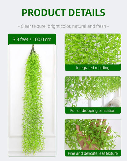 5 Pack Artificial Hanging Willow Vine (3.3ft) - Fake Greenery Plants for Indoor/Outdoor Decor, Wedding & Photography - Pure Green Design (No Basket Included)