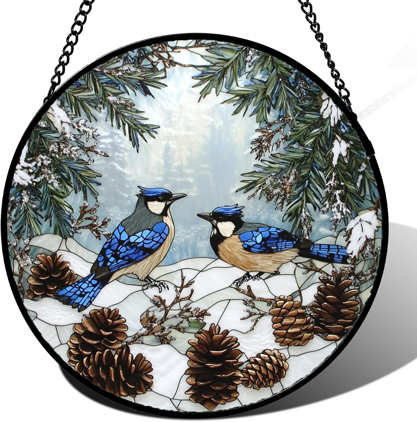 Stained Glass Window Hanging - Blue Bird Winter Forest Landscape Suncatcher for Door Garden Yard Sun Catchers Decor Christmas Mother's Day Birthday Gifts for Women Mom Nana Friend 6.3 in