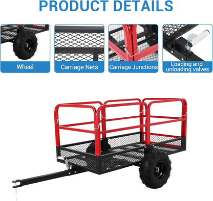 Garden Dump Cart, 1500 LBS Capacity 22 Cubic Feet Heavy Duty Steel ATV Trailer Pull Behind Yard Wagon with 2 Wheels, Outdoor Lawn Mower Cart for Tractor, ATV, UTV