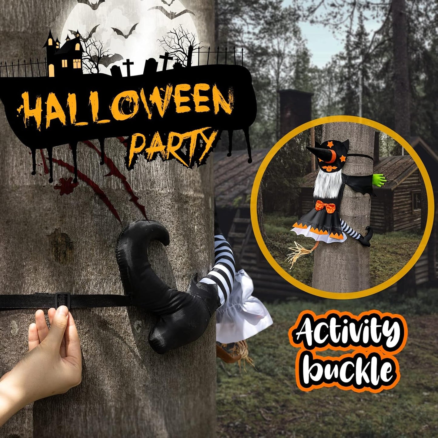 Crashing Witch Decor, Halloween Decorations Clearance Outdoor Witch Props Ornaments, Hanging into Tree/Porch Pole/Door/Indoor/Yard, with Adjustable Band, Outside Garden Funny Witches Flying Crashed