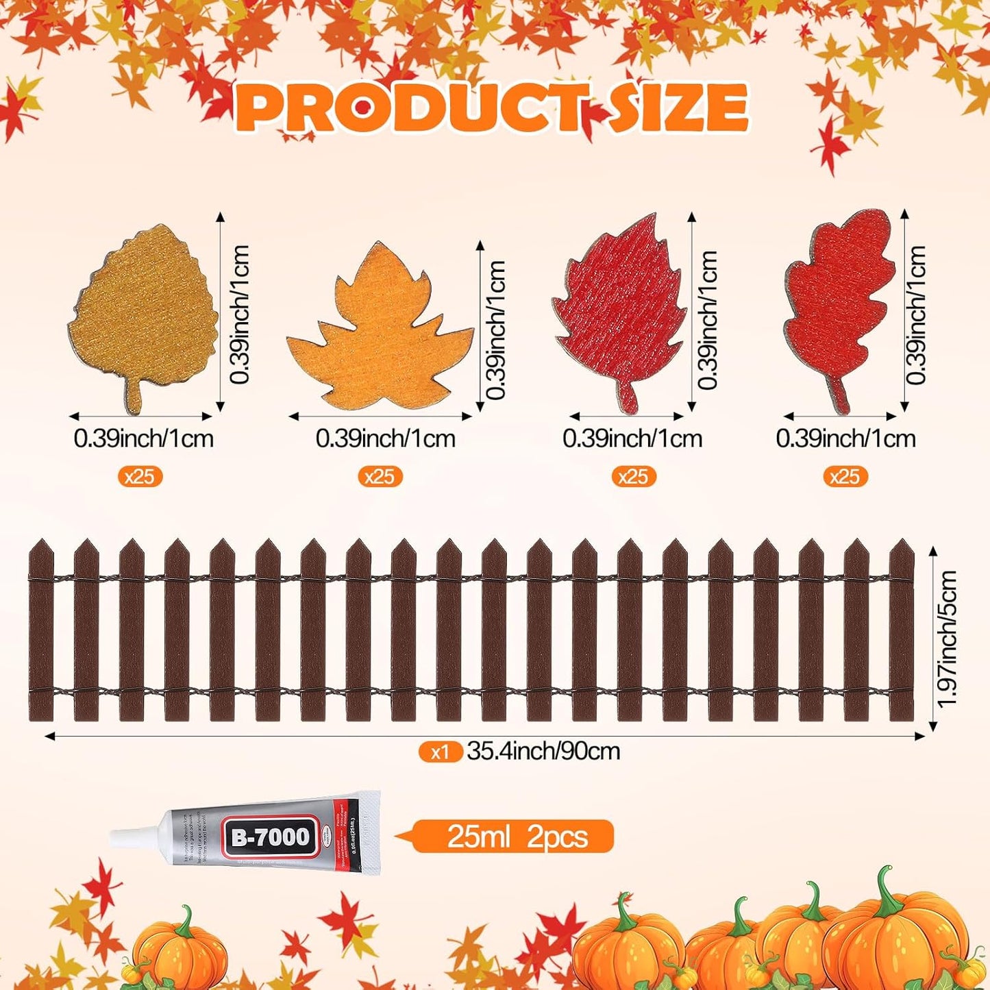 Thyle Thanksgiving DIY Mini Fairy Garden Fence Fall Wood Picket Crafts with 35 Inches Wood Picket Fence 100 Wooden Leaves and Glue for Autumn Centerpieces Thanksgiving Activity(Brown)