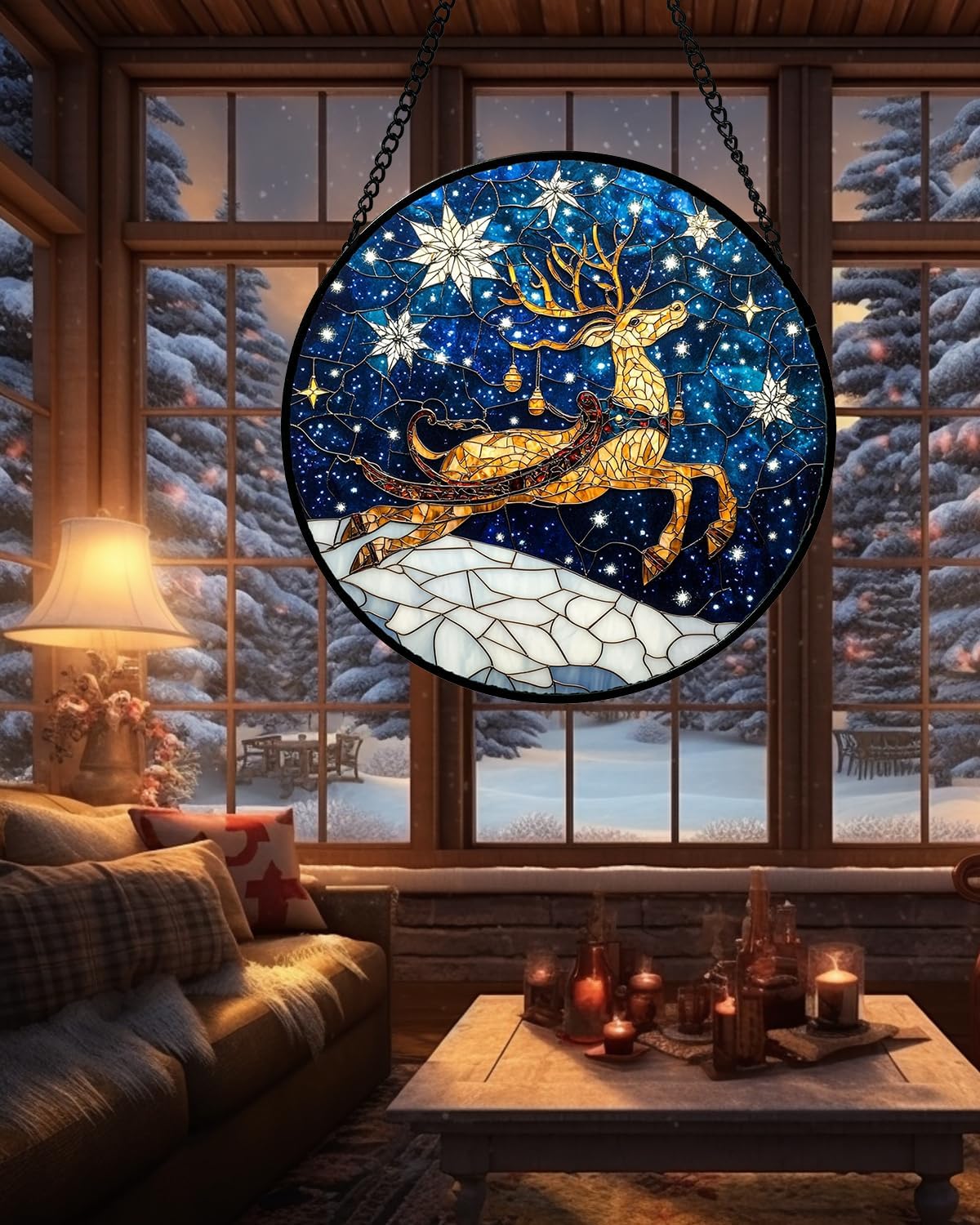 Stained Glass Window Hanging - Reindeer Blue Starry Sky Suncatcher for Doors Home Christmas Decoration Winter Sun Catcher Thanksgiving New Year Birthday Gifts for Women Men Mom Nana 15 in