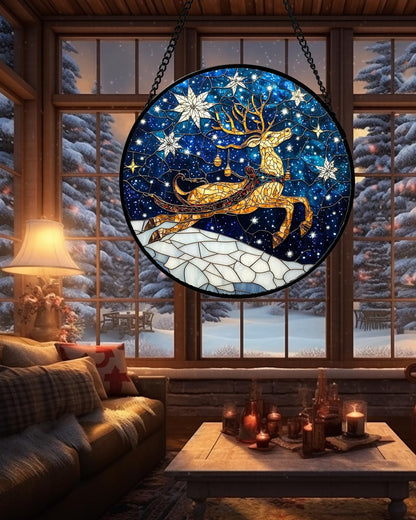 Stained Glass Window Hanging - Reindeer Blue Starry Sky Suncatcher for Doors Home Christmas Decoration Winter Sun Catcher Thanksgiving New Year Birthday Gifts for Women Men Mom Nana 6.3 in