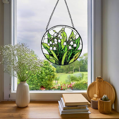 Stained Glass Window Hanging, Lily of The Valley Flower Diamond Glass Panel Suncatcher Green Plant Sun Catchers for Home Garden Balcony Window Decor, Plant Lover Gifts (7.8 Inch)