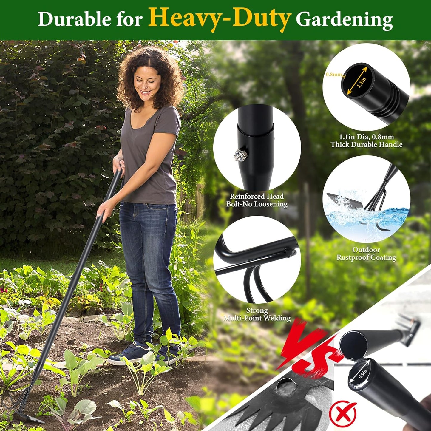 65'' Hoe and Cultivator Garden Tool - 2 in 1 Heavy Duty Garden Hoe for Weeding,Soil Loosening,Sharp Blade,Long Handle Claw 3-Tine Hand Tiller Rake for Gardening