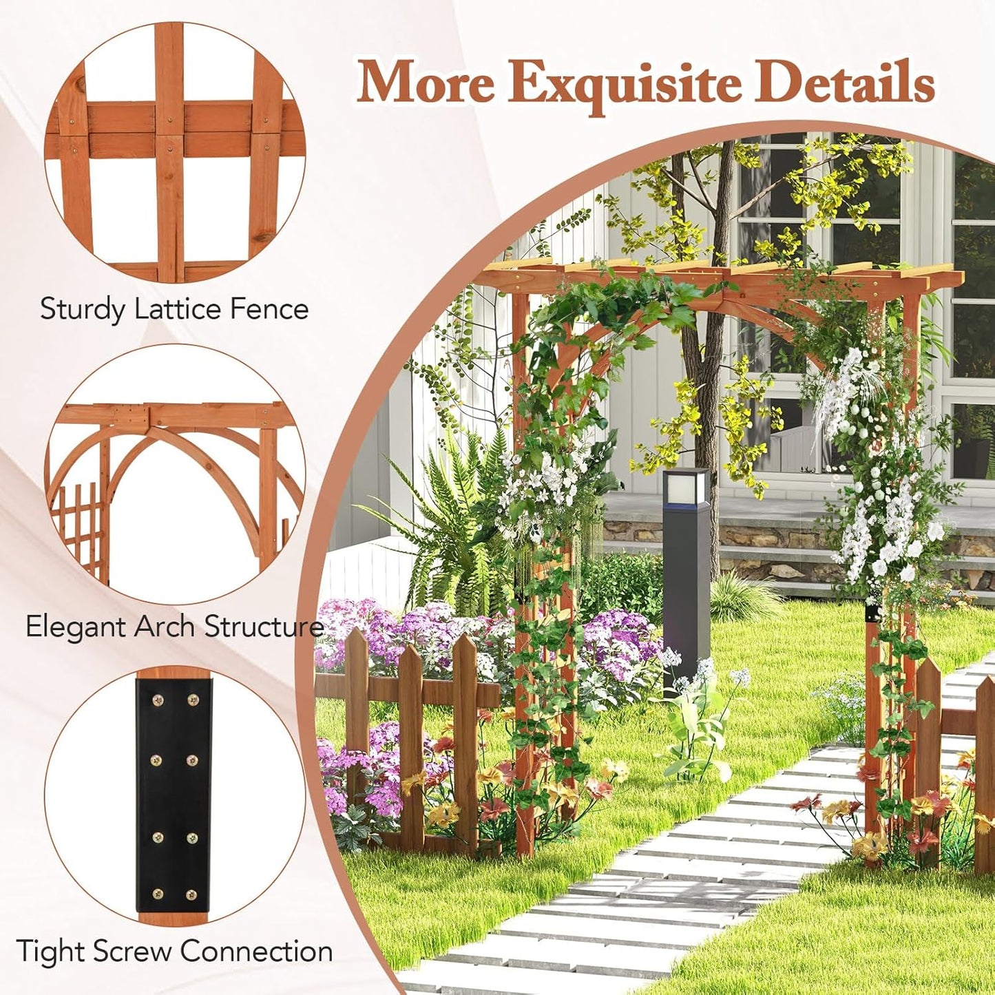 Happygrill Wood Garden Arbor, 84 Inch Outdoor Archway Pergola w/Decorative Hanging Roof & Side Climbing Trellis, Garden Arch for Climbing Plants, Wedding Ceremony Decoration, Lawn, Party