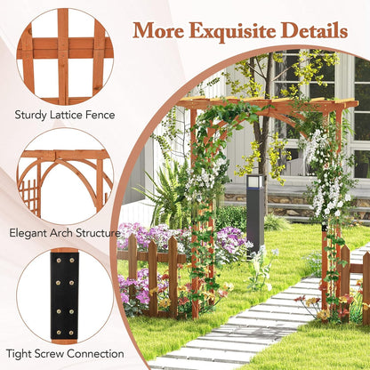 Happygrill Wood Garden Arbor, 84 Inch Outdoor Archway Pergola w/Decorative Hanging Roof & Side Climbing Trellis, Garden Arch for Climbing Plants, Wedding Ceremony Decoration, Lawn, Party