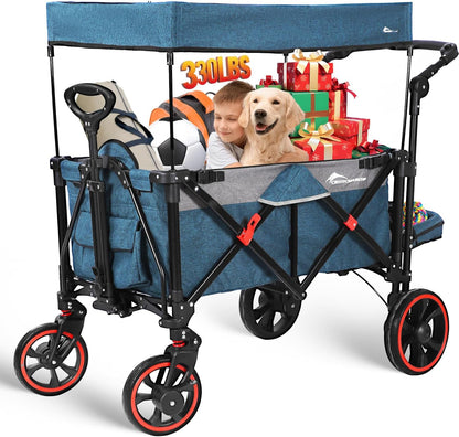 Collapsible Canopy Wagon, Foldable Wagon Stroller with 330LBS, Heavy Duty Cart with Shock-Absorbing Wheels, Adjustable Push Pulling Handles for Camping, Garden, Sports, Shopping, Blue